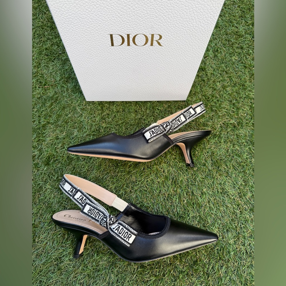 CHRISTIAN DIOR J'ADIOR BLACK CALFSKIN LEATHER SHOES SLINGBACKS KITTEN HEELS 37.5 - Picture 10 of 15